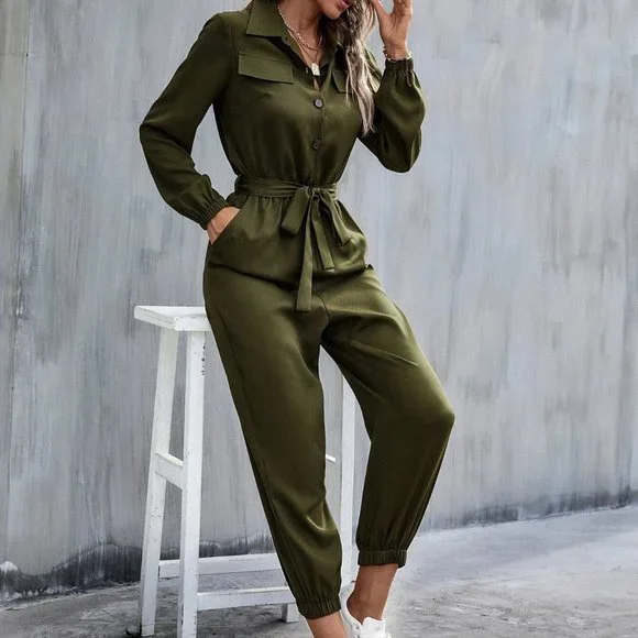 green belted jumpsuit casual classic trending - Picture 1 of 7